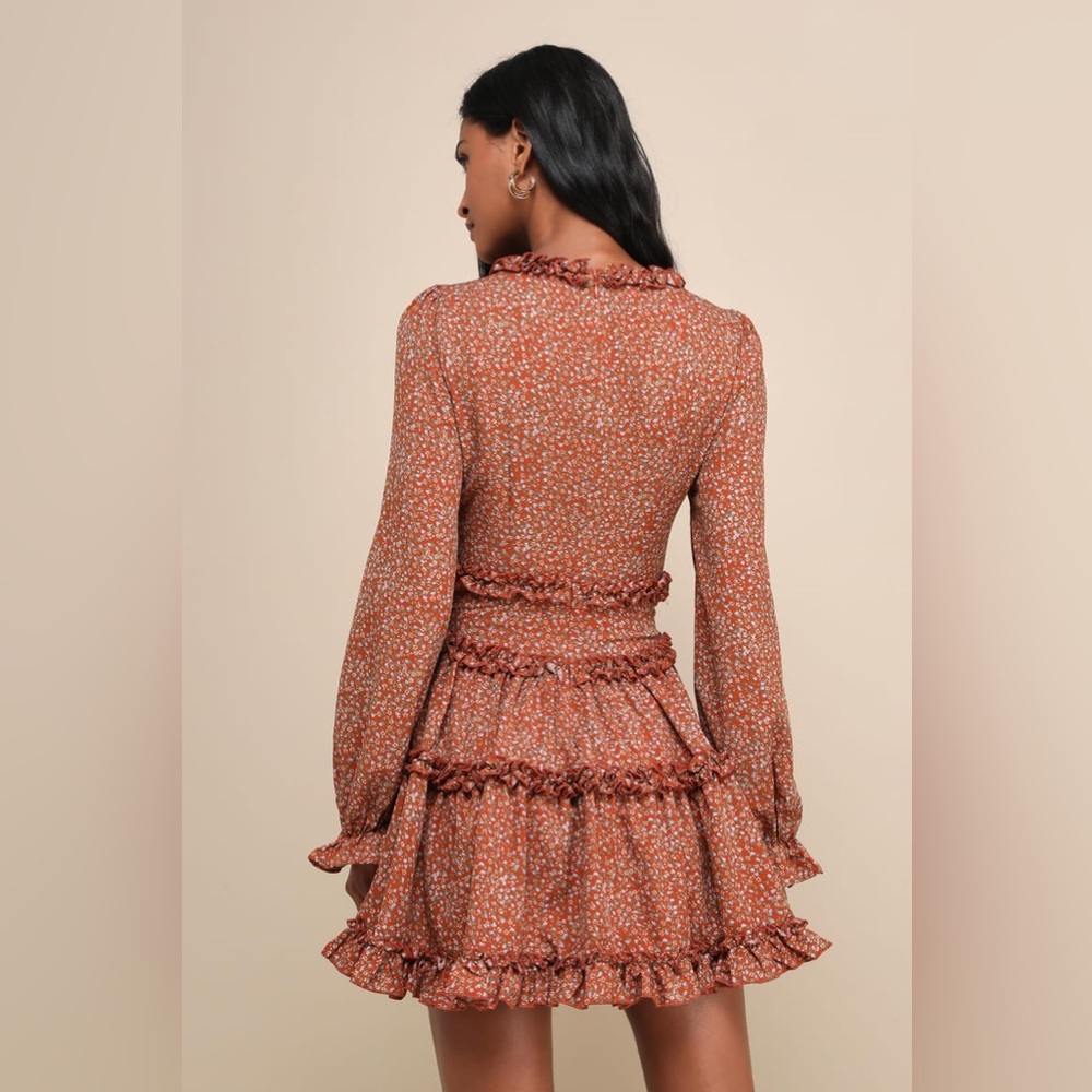 Lulus Admire You Orange Floral Print Ruffled Long Sleeve Cottagecore Mini Dress - Picture 3 of 10